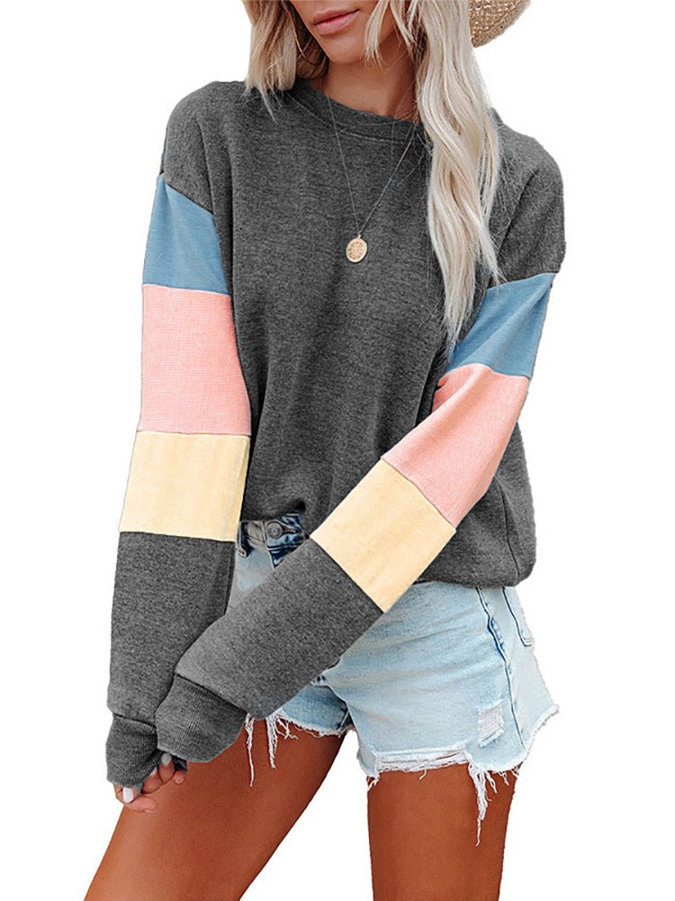 T-shirts Long Sleeves Round Neck Contrasting Color T-shirt - LuckyFash™