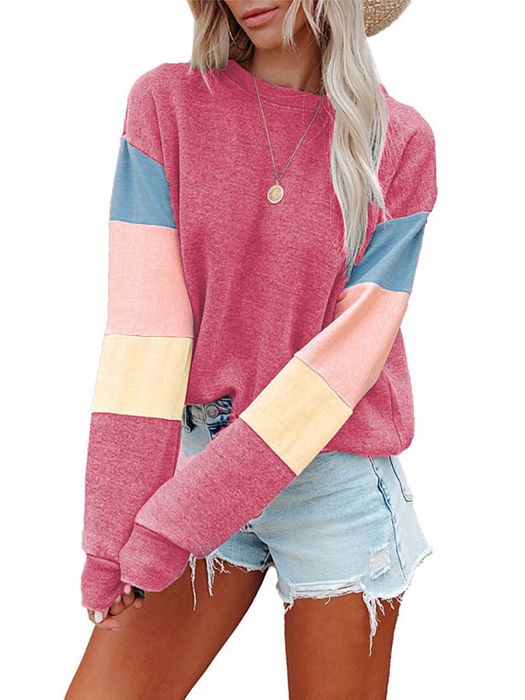 T-shirts Long Sleeves Round Neck Contrasting Color T-shirt - LuckyFash™