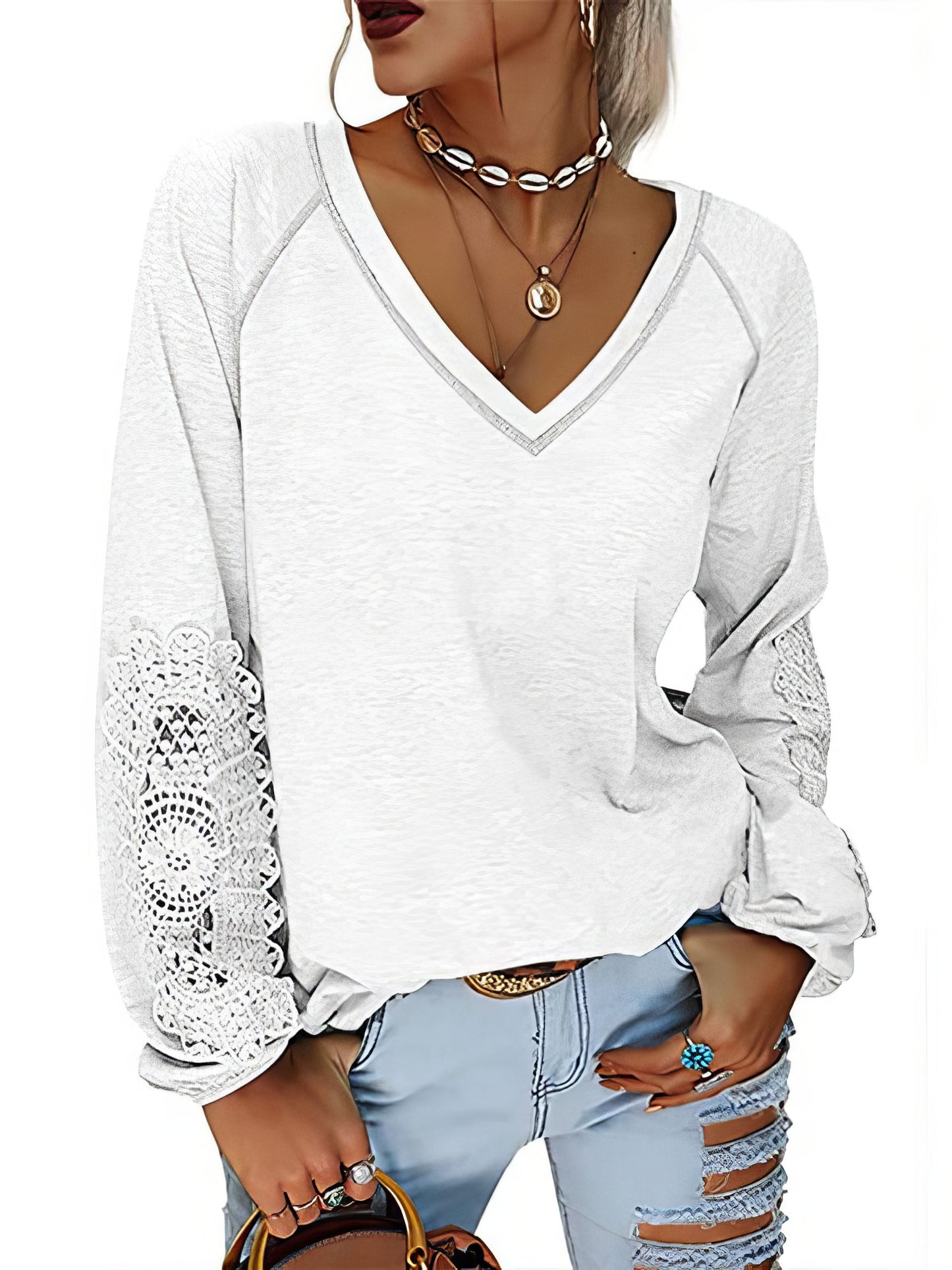 T-Shirts Solid Color Pullover V-Neck Lantern Sleeve T-Shirt - LuckyFash™