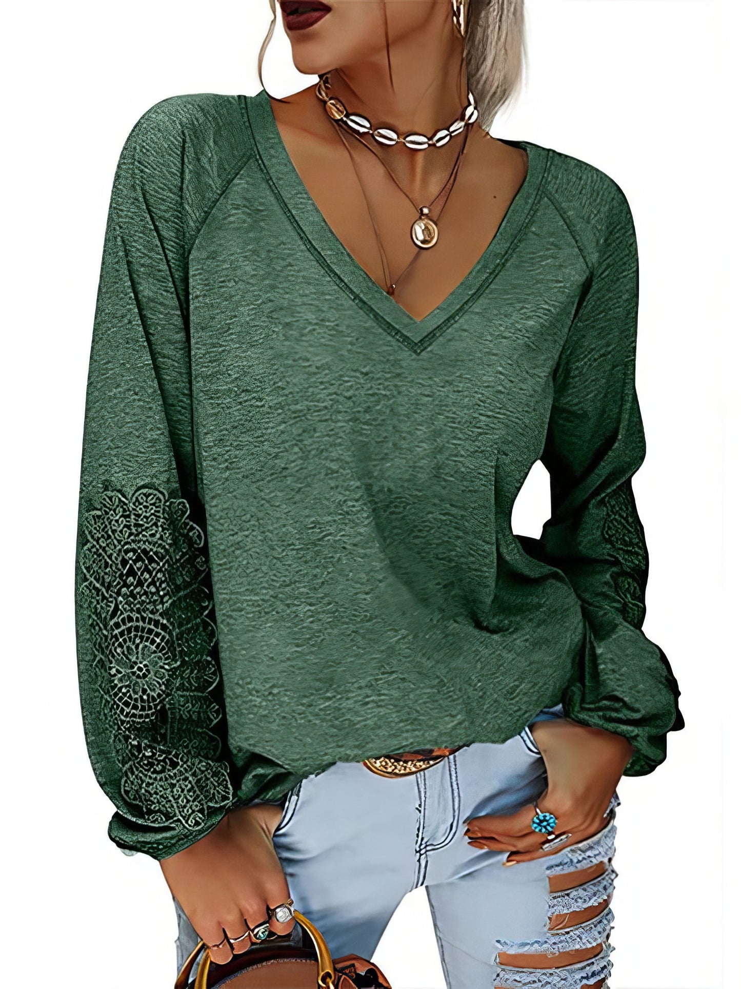 T-Shirts Solid Color Pullover V-Neck Lantern Sleeve T-Shirt - LuckyFash™