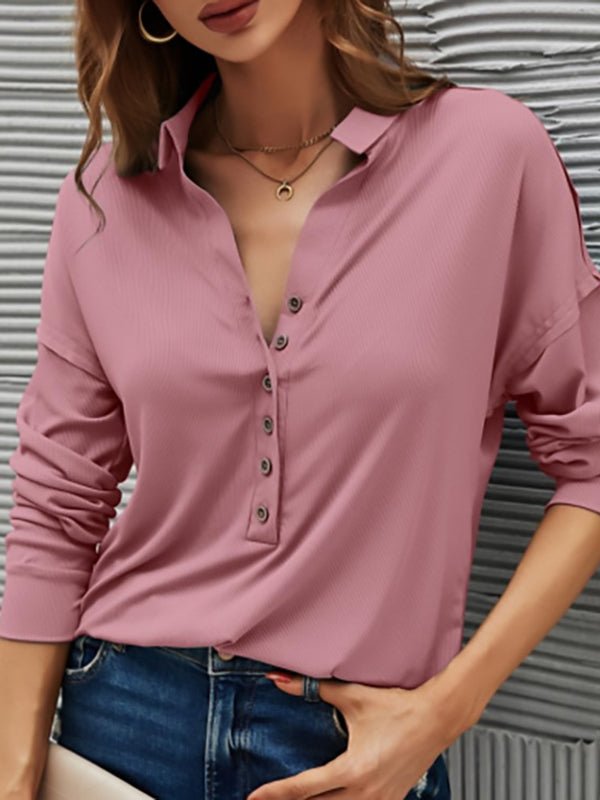 T-Shirts Solid Color V Neck Long Sleeve Button T-Shirt - LuckyFash™