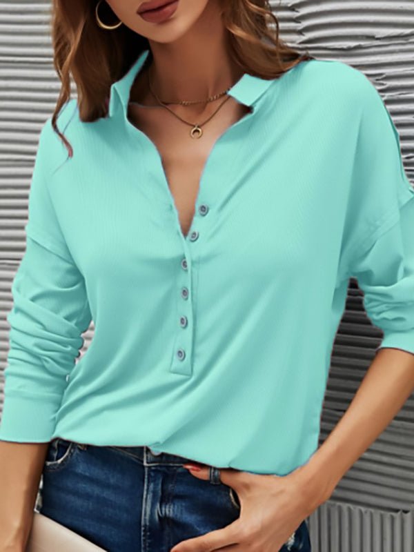 T-Shirts Solid Color V Neck Long Sleeve Button T-Shirt - LuckyFash™