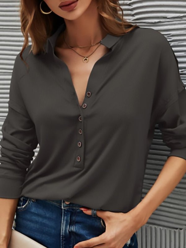 T-Shirts Solid Color V Neck Long Sleeve Button T-Shirt - LuckyFash™