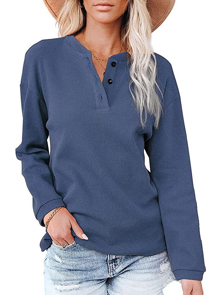 T-Shirts V Neck Button Solid Color Long Sleeve T-Shirt - LuckyFash™