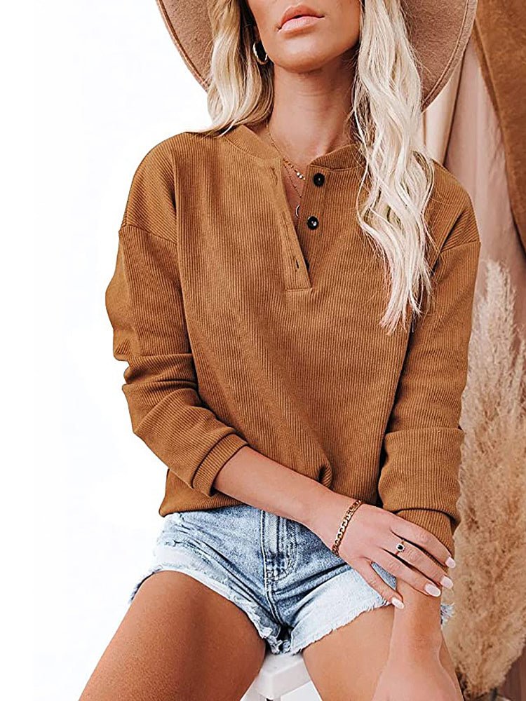 T-Shirts V Neck Button Solid Color Long Sleeve T-Shirt - LuckyFash™