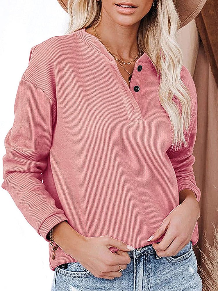 T-Shirts V Neck Button Solid Color Long Sleeve T-Shirt - LuckyFash™