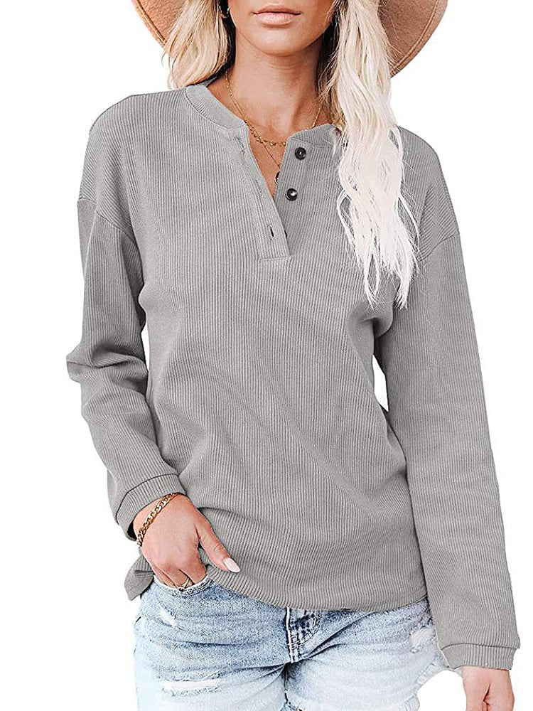 T-Shirts V Neck Button Solid Color Long Sleeve T-Shirt - LuckyFash™