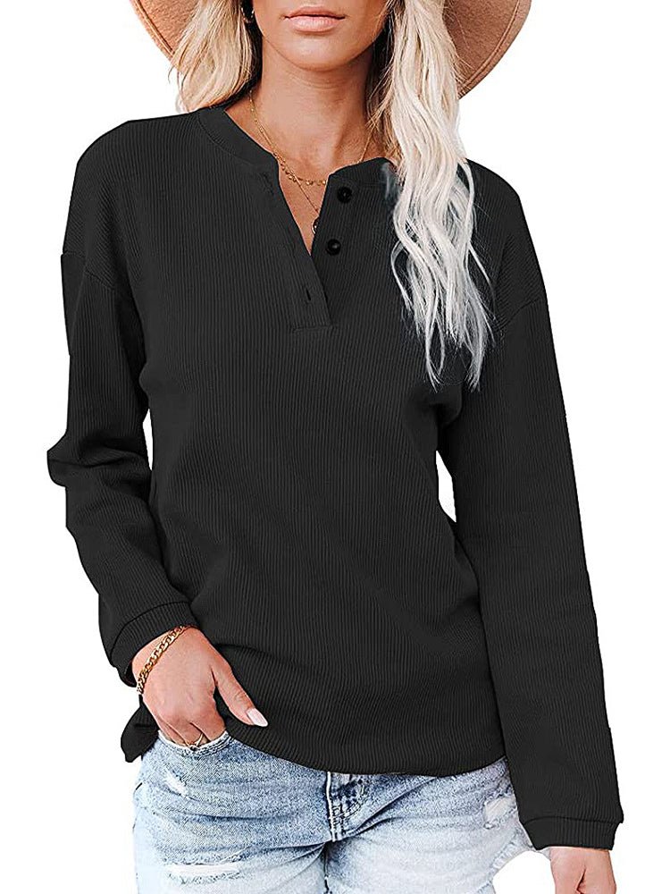 T-Shirts V Neck Button Solid Color Long Sleeve T-Shirt - LuckyFash™