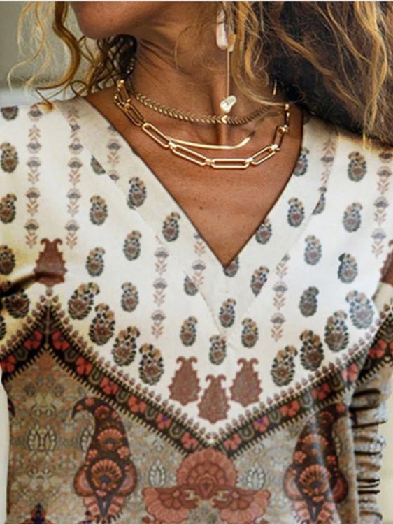 T-Shirts Vintage Print V-Neck Long Sleeve T-Shirt - LuckyFash™