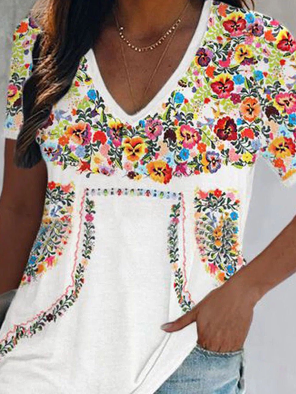 T-Shirts Vintage Print V-Neck Short Sleeve T-Shirt - LuckyFash™