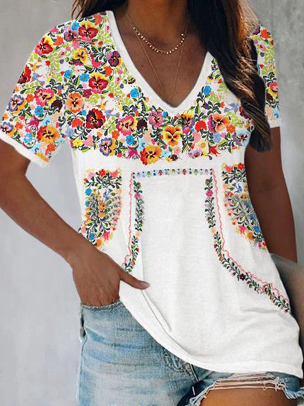 T-Shirts Vintage Print V-Neck Short Sleeve T-Shirt - LuckyFash™