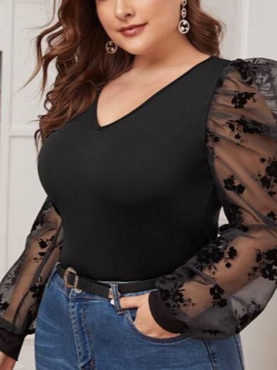 Women's V neck Mesh Bubble Sleeve T Shirt - LuckyFash™