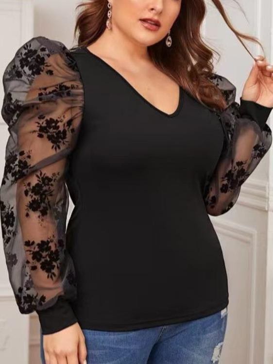 Women's V neck Mesh Bubble Sleeve T Shirt - LuckyFash™