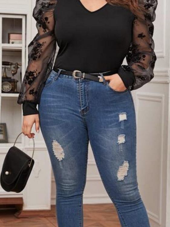 Women's V neck Mesh Bubble Sleeve T Shirt - LuckyFash™