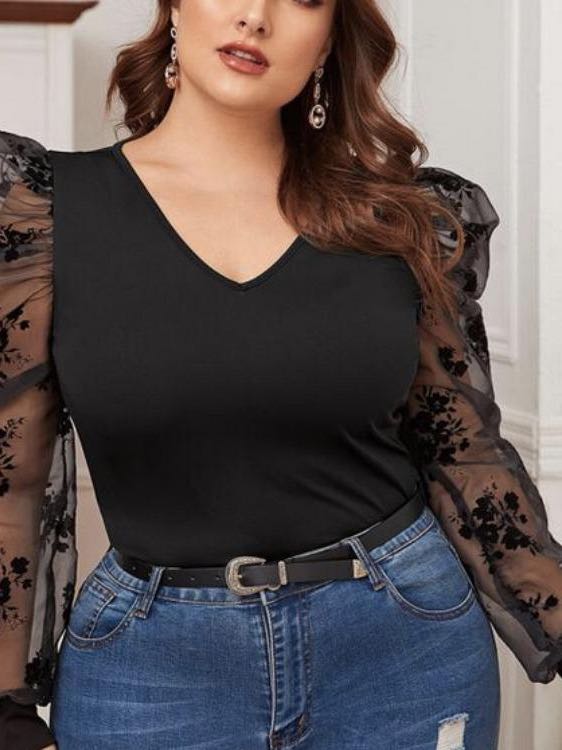 Women's V neck Mesh Bubble Sleeve T Shirt - LuckyFash™