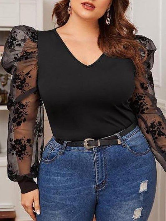 Women's V neck Mesh Bubble Sleeve T Shirt - LuckyFash™