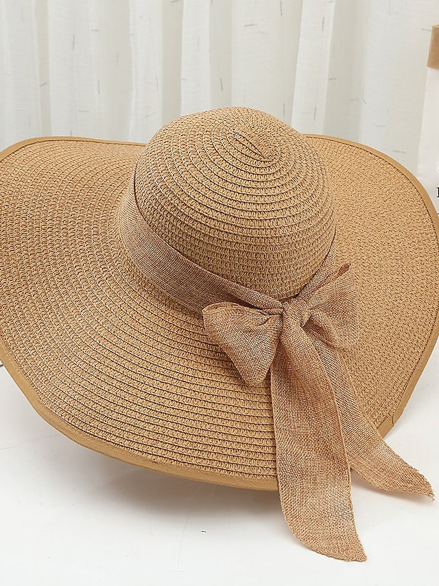 Women's Hat Straw Hat White Khaki Beige Lawn Festival Braided Bow Print Portable Windproof Breathable - LuckyFash™