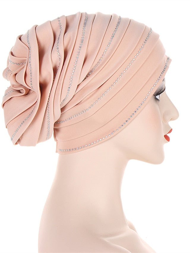 Rhinestones Women's Pleated Turban Cap African Hat Muslim Headscarf Bonnet Ladies Head Wraps - LuckyFash™