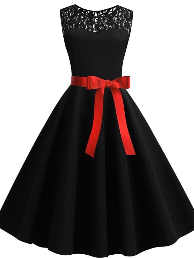 Women's Lace Dress Vintage Dress Swing Dress Midi Dress Light Blue Wine Red Black Sleeveless Print Lace up Summer Spring Fall Crew Neck 1950s Party Spring Dress 2023 S M L XL XXL - LuckyFash™