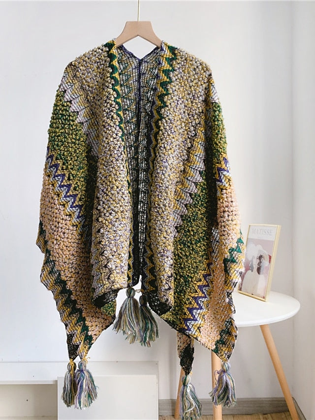 Women Autumn Winter New Colorful Thick Ponchos Knitted Ladies Cloak Warm Fashion Scarves & Wraps Holiday Travel Ethnic Covers - LuckyFash™