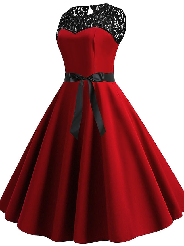 Women's Lace Dress Vintage Dress Swing Dress Midi Dress Light Blue Wine Red Black Sleeveless Print Lace up Summer Spring Fall Crew Neck 1950s Party Spring Dress 2023 S M L XL XXL - LuckyFash™
