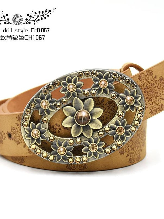Women's PU Buckle Belt PU Leather Metal Bucke Engraved Crystal Rhinestone Classic Vintage Retro Wedding Party Rhinestone black ch1047 Rhinestone yellow camel ch1067 Rhinestone yellow camel ch1024 - LuckyFash™