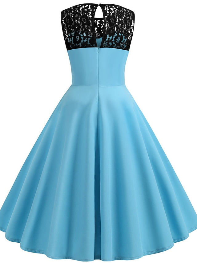 Women's Lace Dress Vintage Dress Swing Dress Midi Dress Light Blue Wine Red Black Sleeveless Print Lace up Summer Spring Fall Crew Neck 1950s Party Spring Dress 2023 S M L XL XXL - LuckyFash™