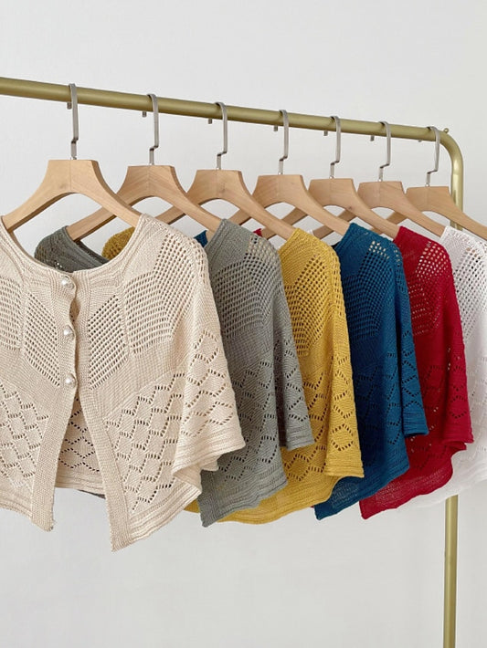 Solid Color Knitted Hollow Shawl Women's Summer Air-conditioned Elegant Vest with Pearl Button Womens Cape Sunscreen Fake Collar - LuckyFash™
