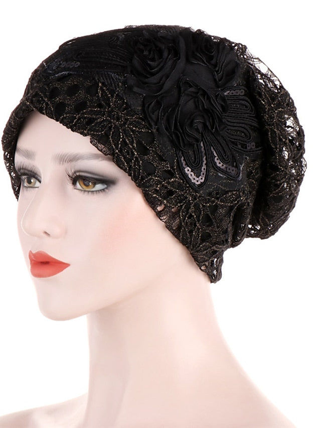 Lady Women Girl Hat Flower Hijab Lace Cotton Beanie Hat Full Headwear Warm Autumn Winter Lace Flower Casual Turban Cap - LuckyFash™