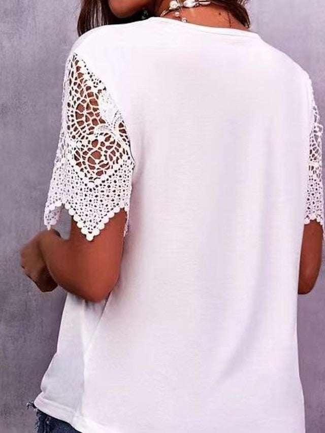 Amazon Summer Cross-Border Solid Color Lace V-Neck Loose Top for Women - LuckyFash™