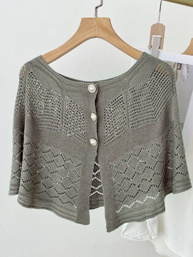 Solid Color Knitted Hollow Shawl Women's Summer Air-conditioned Elegant Vest with Pearl Button Womens Cape Sunscreen Fake Collar - LuckyFash™