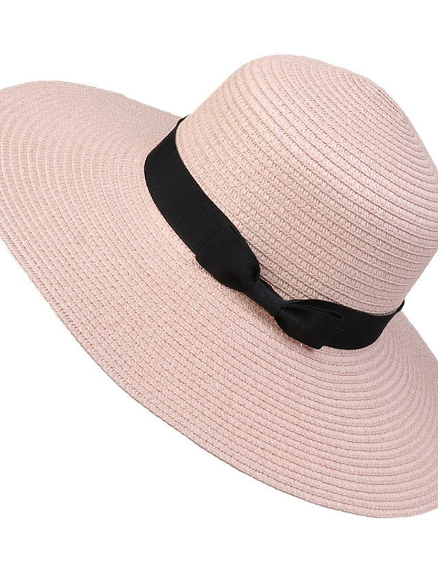 Hat Straw Hat Black Pink Khaki Outdoor Daily Holiday Braided Bow Pure Color Portable Sun Protection Breathable for Women - LuckyFash™