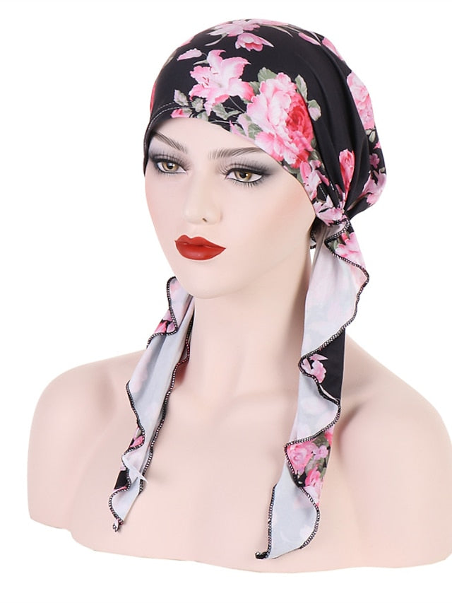 Women Printed Pre-tie Headscarf Elastic Muslim Female Turban Soft Hat Hair Loss Cover Head Wrap Headwear Stretch Bandana - LuckyFash™