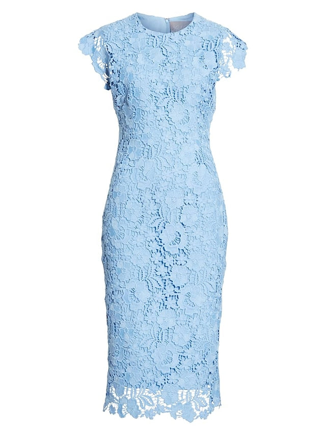 Women‘s Lace Dress Sheath Dress Midi Dress Blue Short Sleeve Solid Color Lace Spring Summer Round Neck Classic & Timeless Party 2023 S M L XL - LuckyFash™