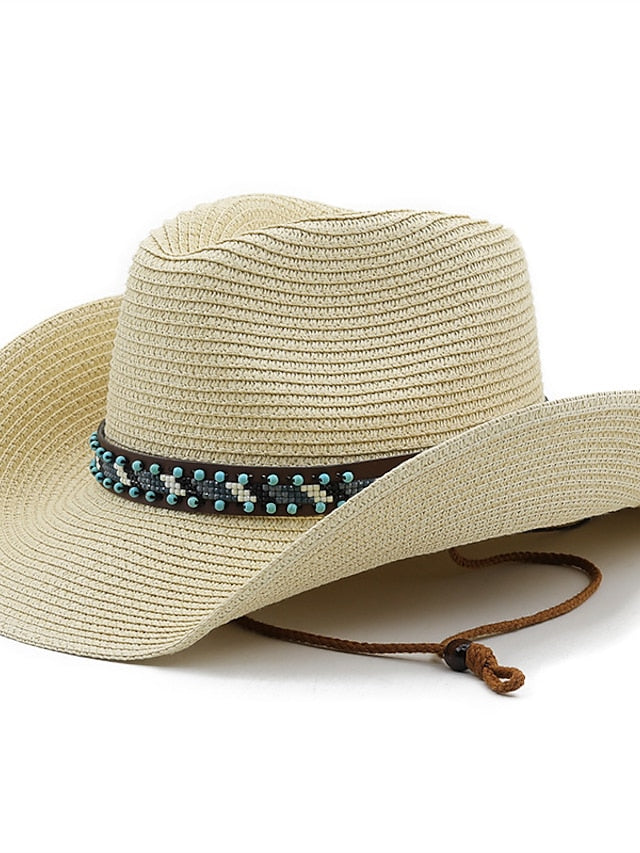 British Wind with Bead Leather Rope Cowgirl Summer Straw Hat for Women Men Western Cowboy Hat Lady Trendy Beach Sun Hat for Women - LuckyFash™