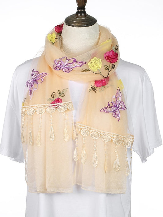 Spring Summer Embroidery Solid Colors Thin Style Hijab Gauze Scarf Women Butterfly Tassel Scarves Daily Dress - LuckyFash™