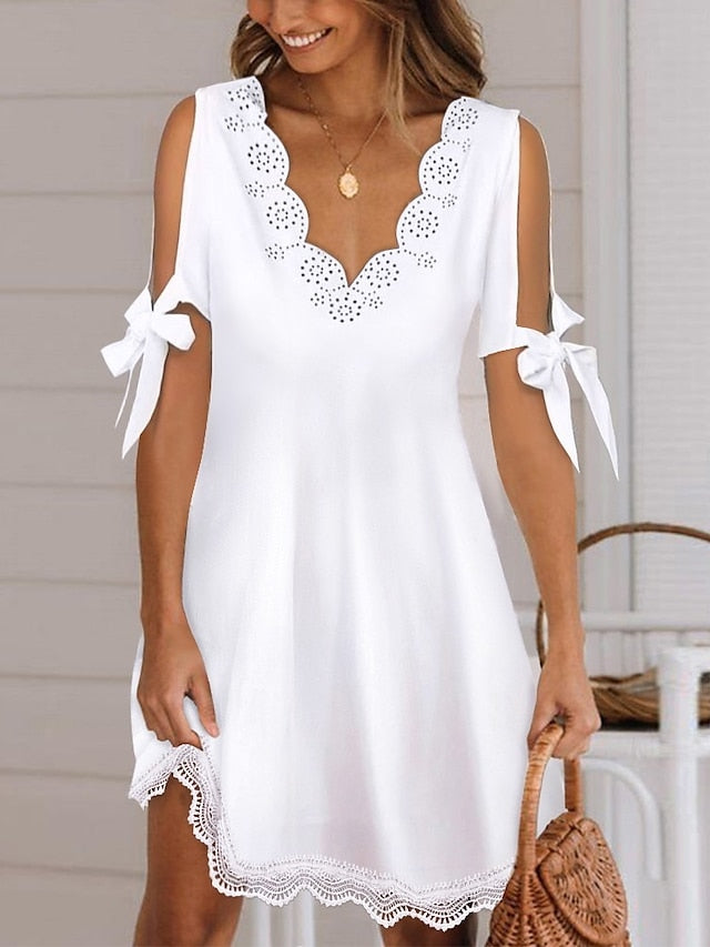 Women's Lace Dress White Dress A Line Dress Mini Dress White Short Sleeve Pure Color Lace Summer Spring V Neck Stylish 2023 S M L XL XXL - LuckyFash™