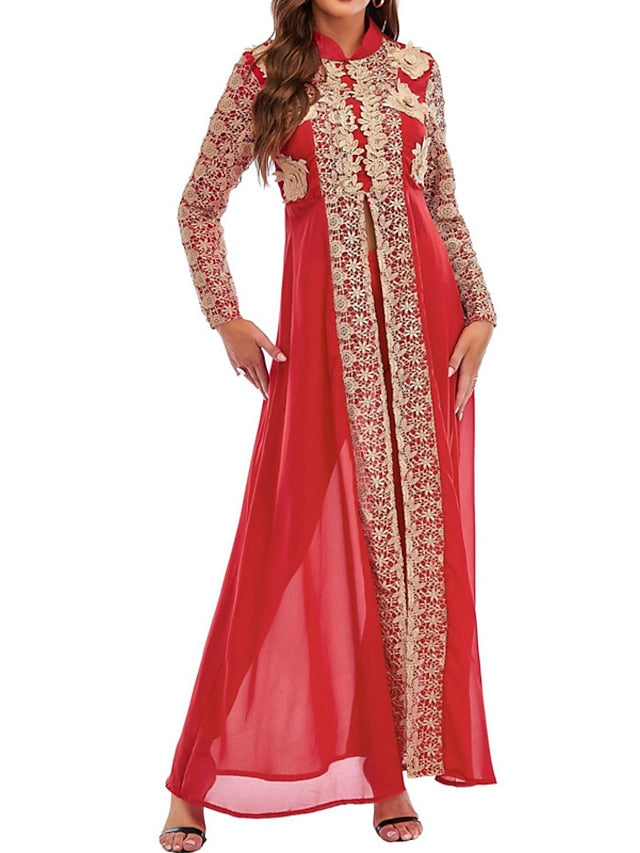 Kaftan Dress Long Dress Maxi Dress Green Black Blue Long Sleeve Floral Embroidered Spring Stand Collar Romantic Spring Dress Summer Dress  S M L XL XXL for Women - LuckyFash™