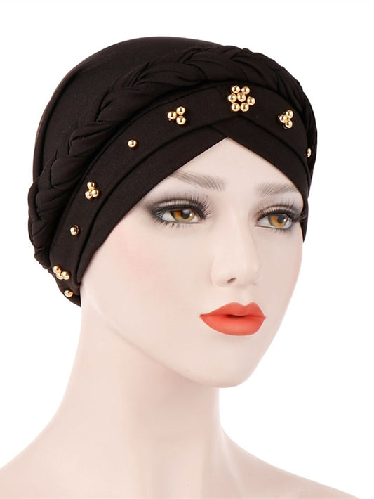 Women Lady Gold Beads Muslim Braid Head Turban Soft Islamic Arab Cap Hat Hair Care Bonnet Beanies Fashion for Women - LuckyFash™