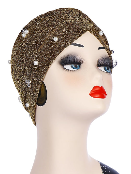 Fashion Women Turban Gold Shiny Hat for Lady Pearl Beading Bright Hat Indian Style Muslim Thin Head Wraps - LuckyFash™