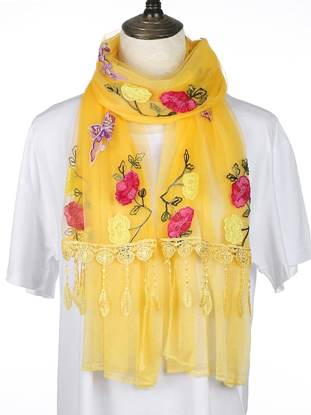 Spring Summer Embroidery Solid Colors Thin Style Hijab Gauze Scarf Women Butterfly Tassel Scarves Daily Dress - LuckyFash™