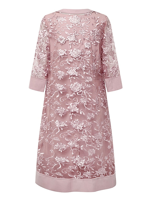 Women's Lace Dress Dress Set Two Piece Dress Midi Dress Pink Half Sleeve Pure Color Mesh Summer Spring Fall Crew Neck Fashion Office Wedding Guest 2023 S M L XL XXL 3XL - LuckyFash™