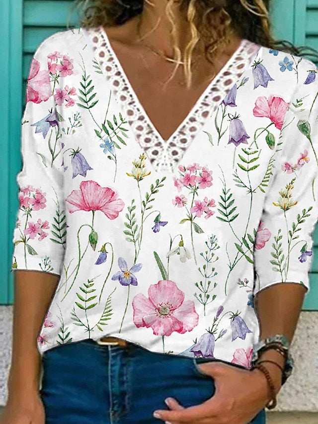 Lace V-Neck Casual Floral Loose T-Shirt for Women - LuckyFash™