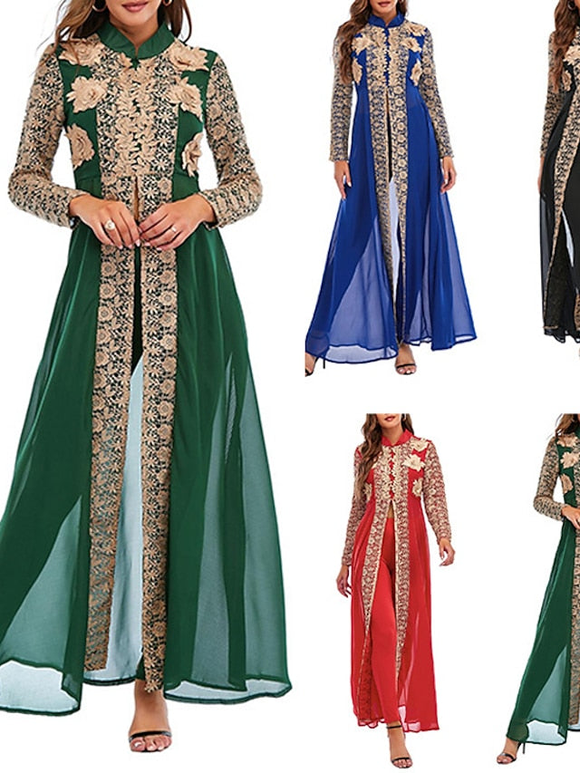 Kaftan Dress Long Dress Maxi Dress Green Black Blue Long Sleeve Floral Embroidered Spring Stand Collar Romantic Spring Dress Summer Dress  S M L XL XXL for Women - LuckyFash™