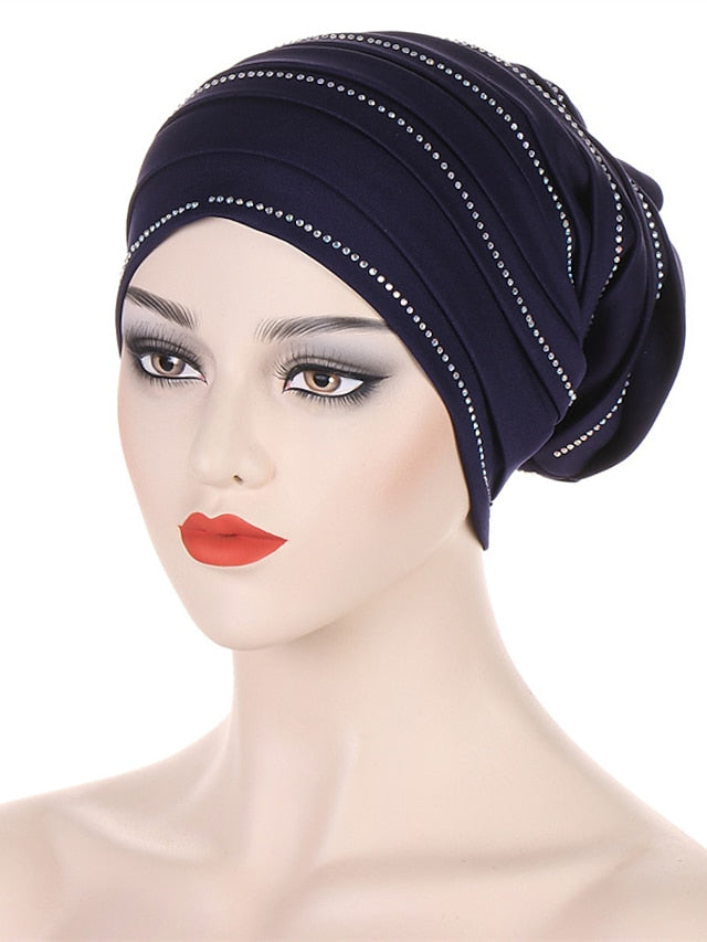 Rhinestones Women's Pleated Turban Cap African Hat Muslim Headscarf Bonnet Ladies Head Wraps - LuckyFash™