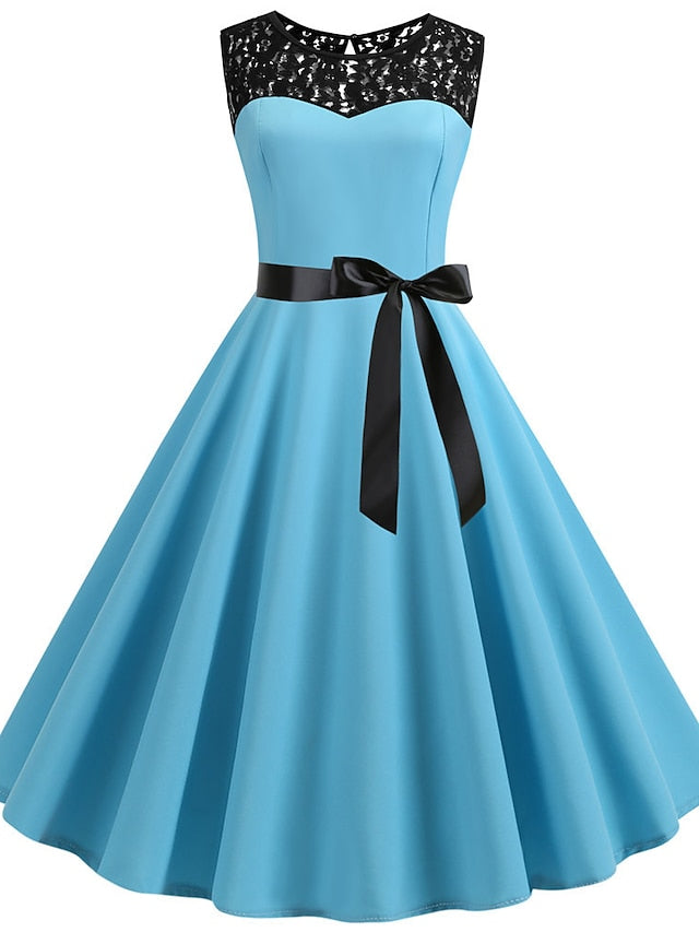Women's Lace Dress Vintage Dress Swing Dress Midi Dress Light Blue Wine Red Black Sleeveless Print Lace up Summer Spring Fall Crew Neck 1950s Party Spring Dress 2023 S M L XL XXL - LuckyFash™
