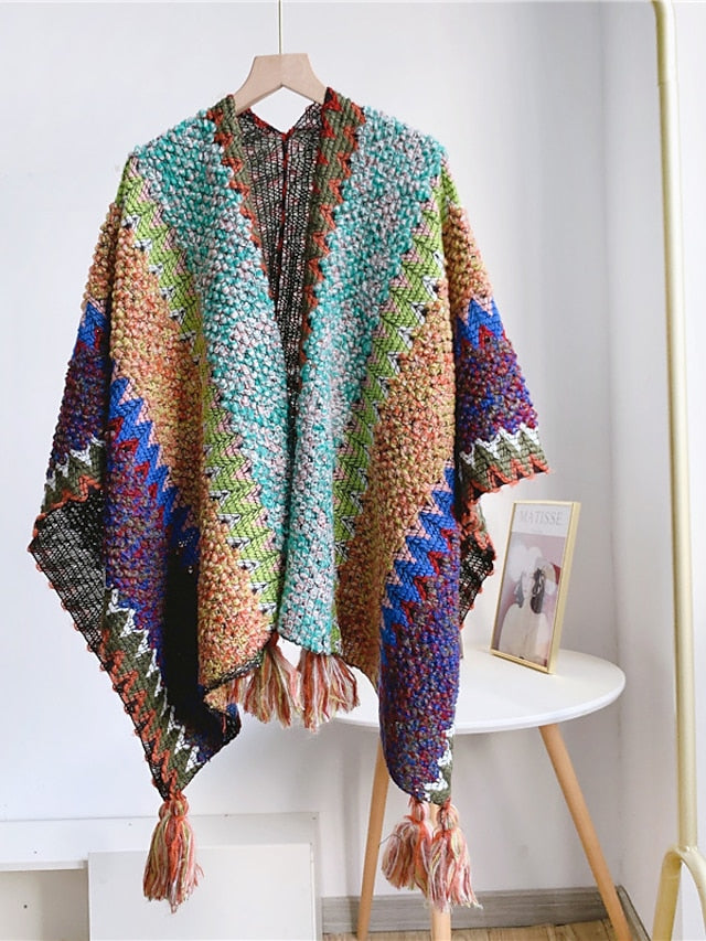 Women Autumn Winter New Colorful Thick Ponchos Knitted Ladies Cloak Warm Fashion Scarves & Wraps Holiday Travel Ethnic Covers - LuckyFash™