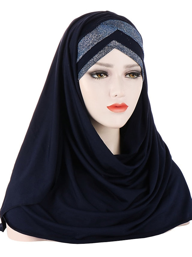 Forehead Cross Hair Wrap Scarf Solid Color Glitter Sequins Jersey Hijabs Muslim Headband Women Turban Hair Cap Headscarf - LuckyFash™