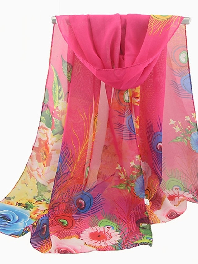 Ladies Peacock Feather Print Chiffon Silk Scarf Sun Protection Beach Towel Shawl - LuckyFash™