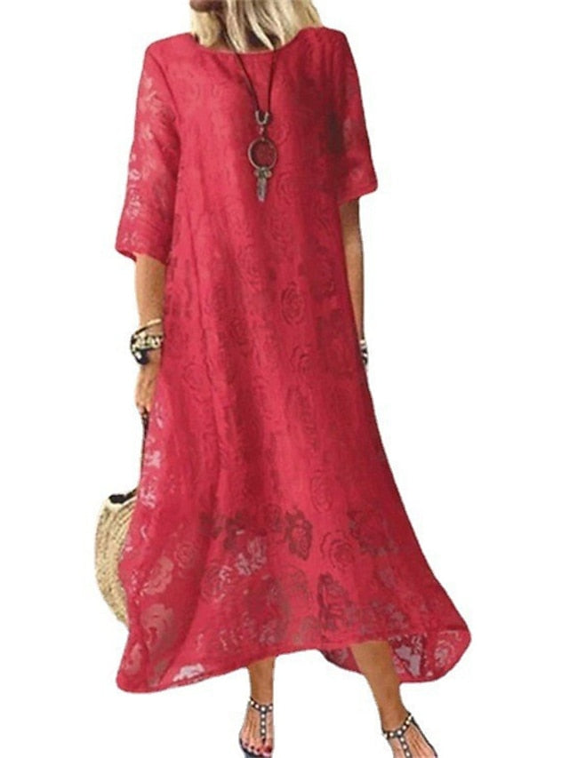 Women's Lace Dress Shift Dress Long Dress Maxi Dress Black White Red 3/4 Length Sleeve Pure Color Lace Summer Spring Crew Neck Elegant Loose Fit 2023 M L XL XXL 3XL 4XL 5XL - LuckyFash™
